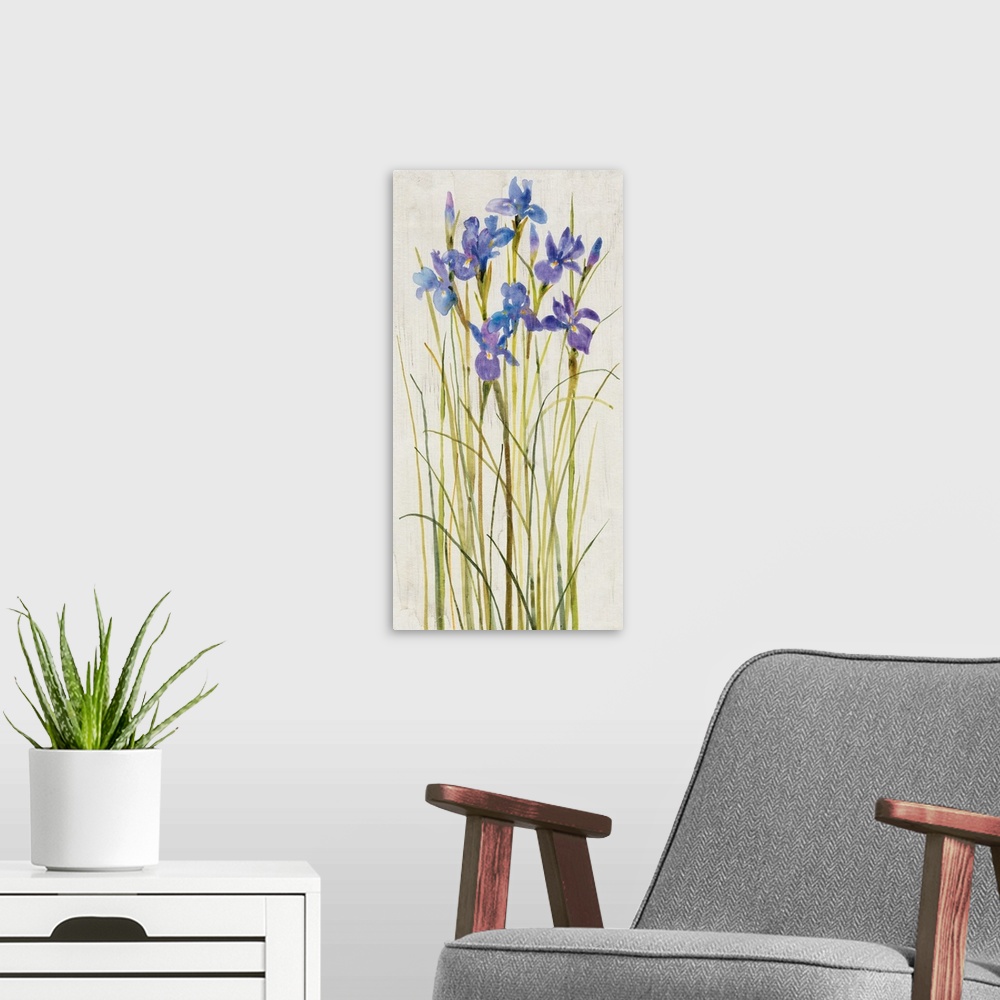 A modern room featuring Contemporary artwork of tall blooming irises.