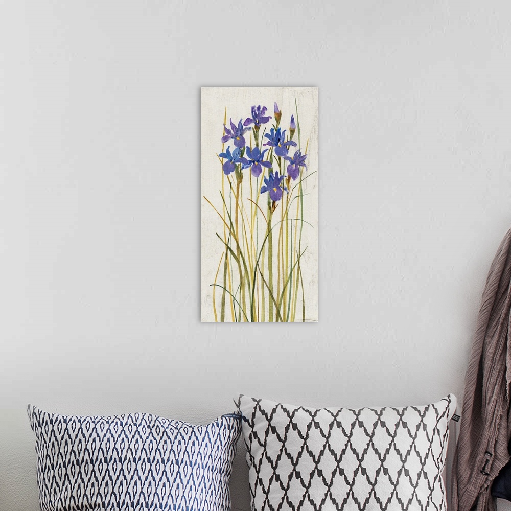 A bohemian room featuring Contemporary artwork of tall blooming irises.