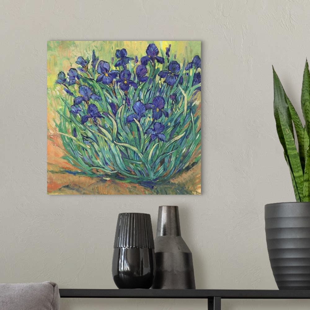 A modern room featuring Irises In Bloom I