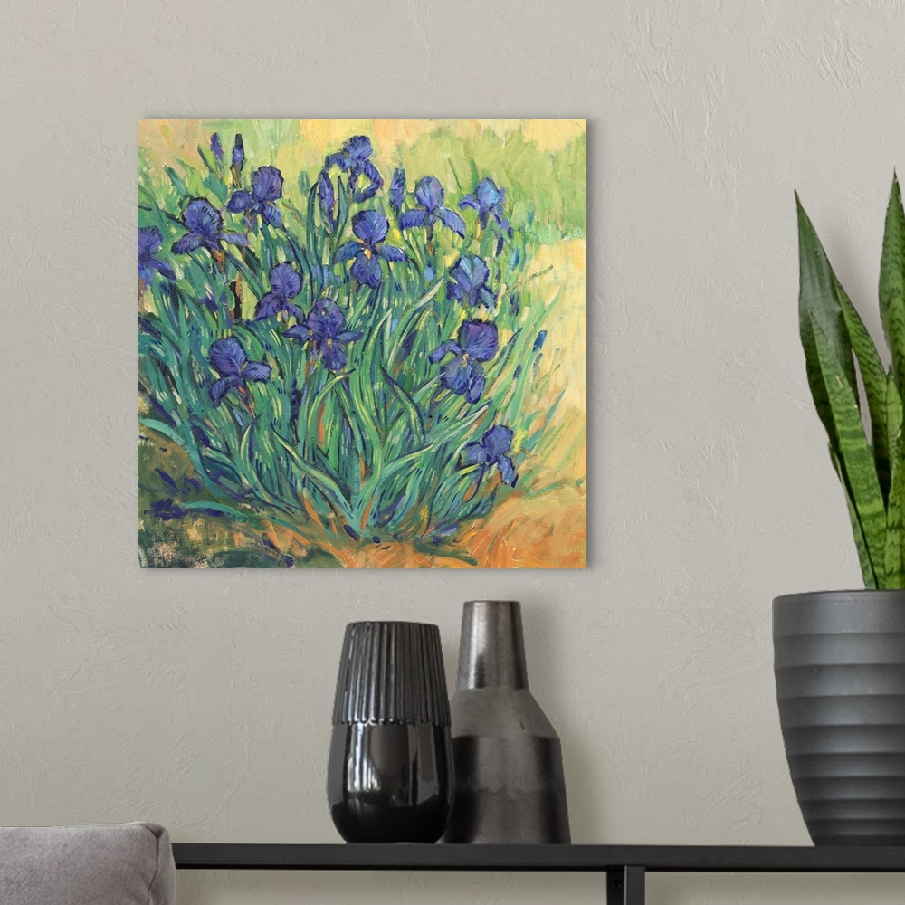 A modern room featuring Irises In Bloom II