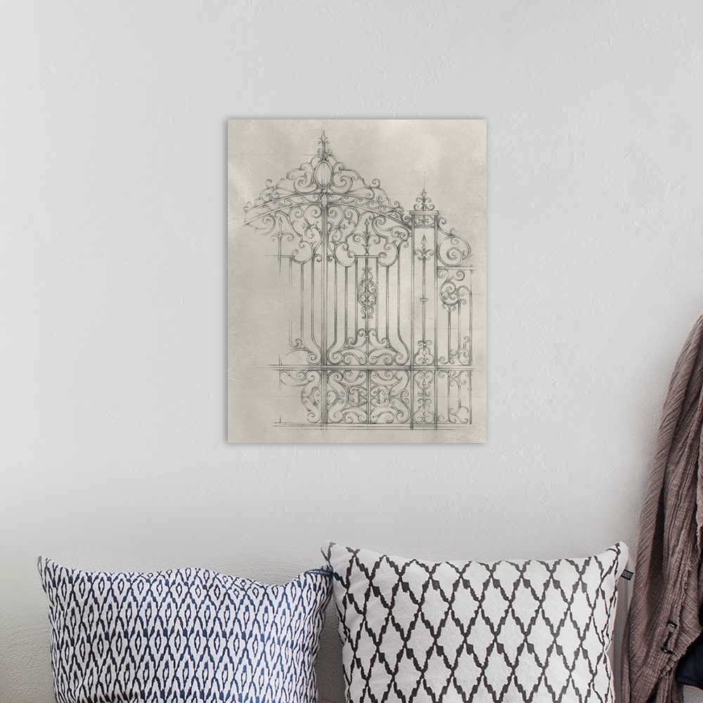 A bohemian room featuring This simple mechanical drawing displays the ornate details of a gate over a mottled light backgro...