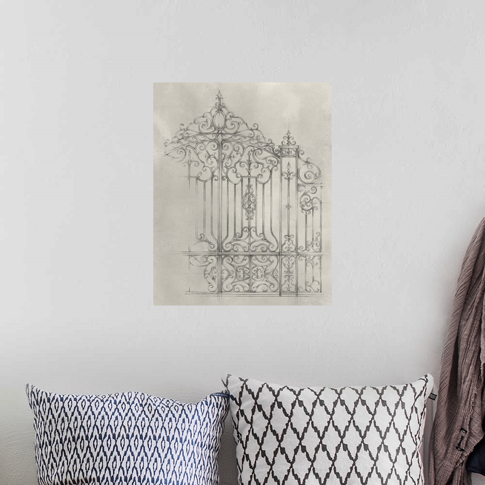 A bohemian room featuring This simple mechanical drawing displays the ornate details of a gate over a mottled light backgro...