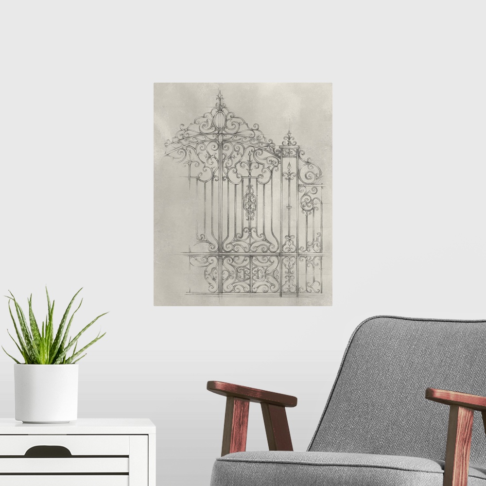 A modern room featuring This simple mechanical drawing displays the ornate details of a gate over a mottled light backgro...