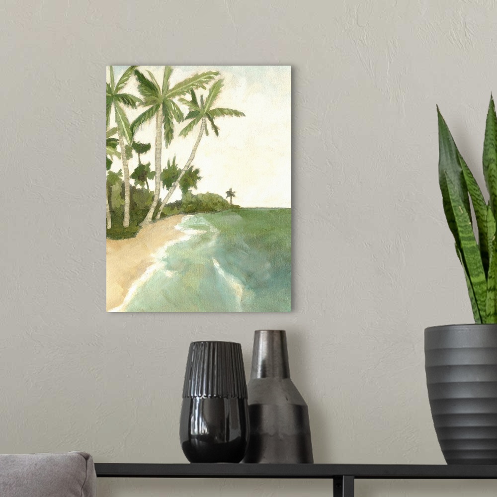 A modern room featuring Contemporary artwork of a tropical beach with palm trees hanging over a tranquil coastline.