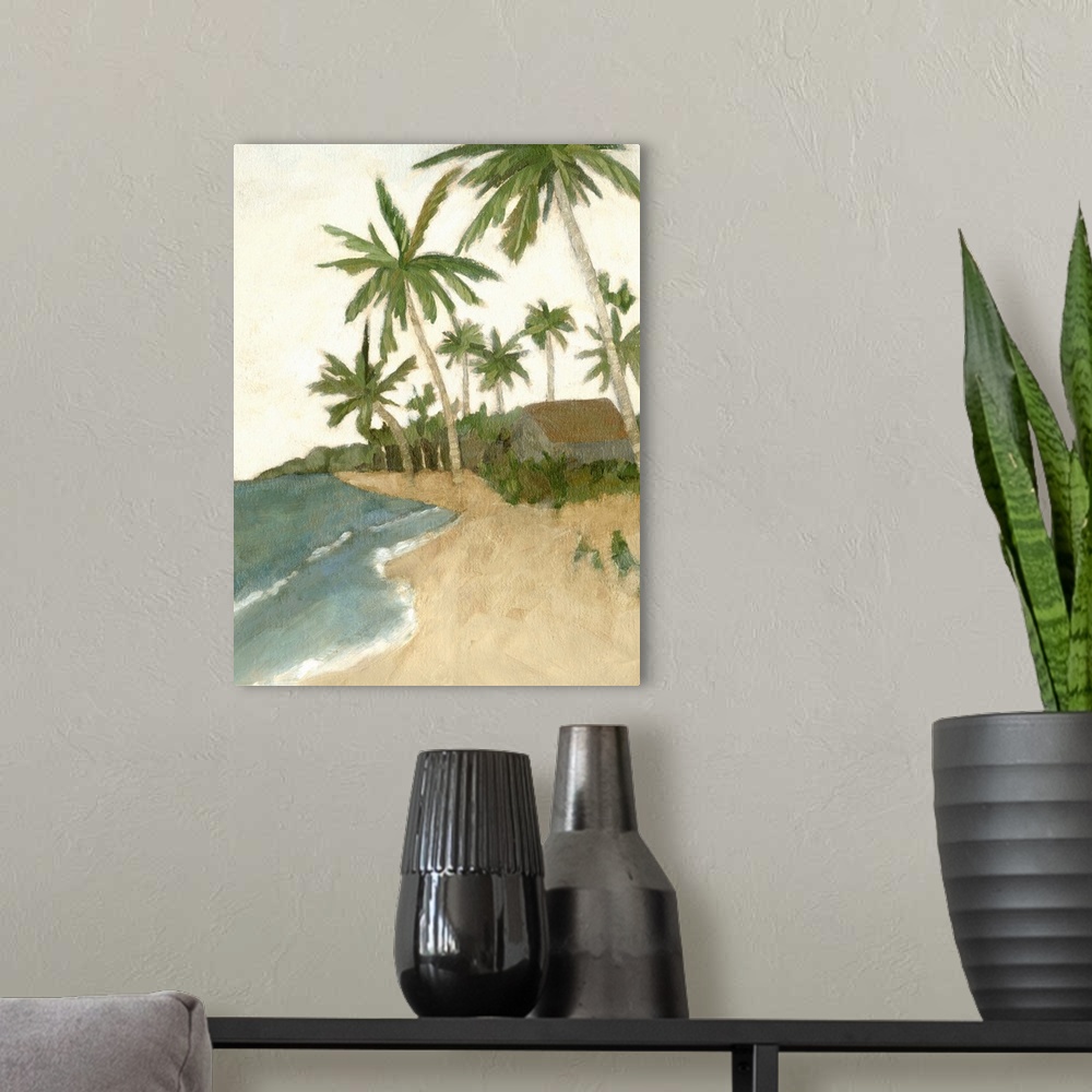 A modern room featuring Contemporary artwork of a tropical beach with palm trees hanging over a tranquil coastline.