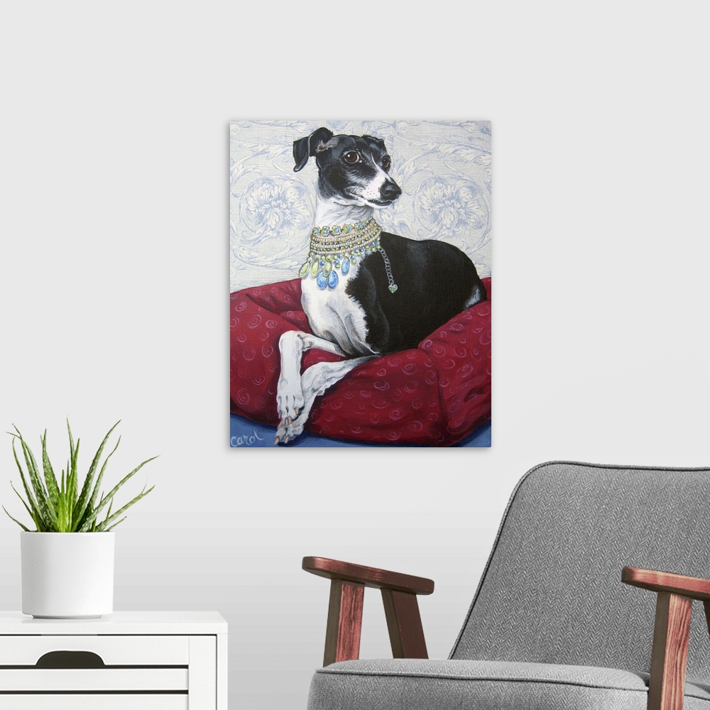 A modern room featuring Italian Greyhound on Red