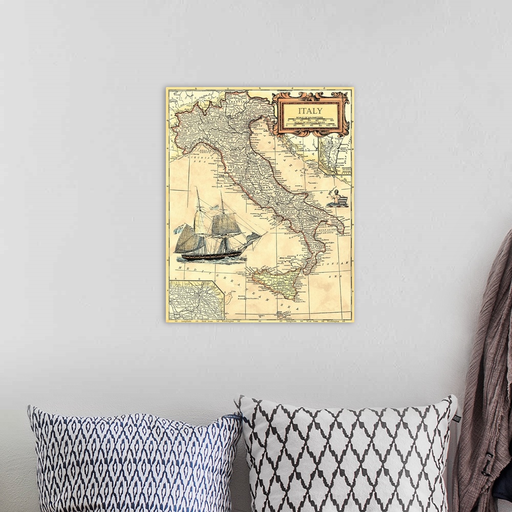A bohemian room featuring This vertical wall art is an antique political map of Italy with cities and regions labeled in It...