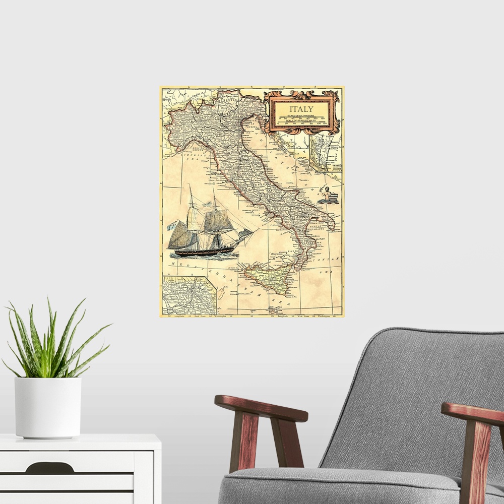 A modern room featuring This vertical wall art is an antique political map of Italy with cities and regions labeled in It...