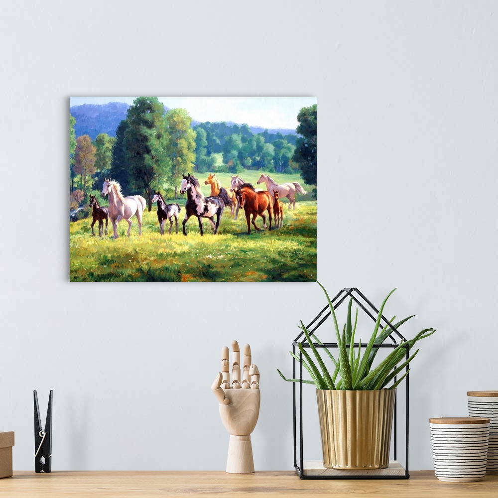 A bohemian room featuring Contemporary colorful painting of a herd of horses in a countryside clearing.