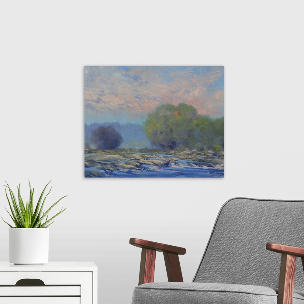 A modern room featuring A painting of a river scene with trees along the shore.