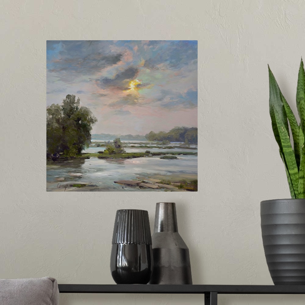 A modern room featuring Contemporary painting of a river landscape under a pale sky.