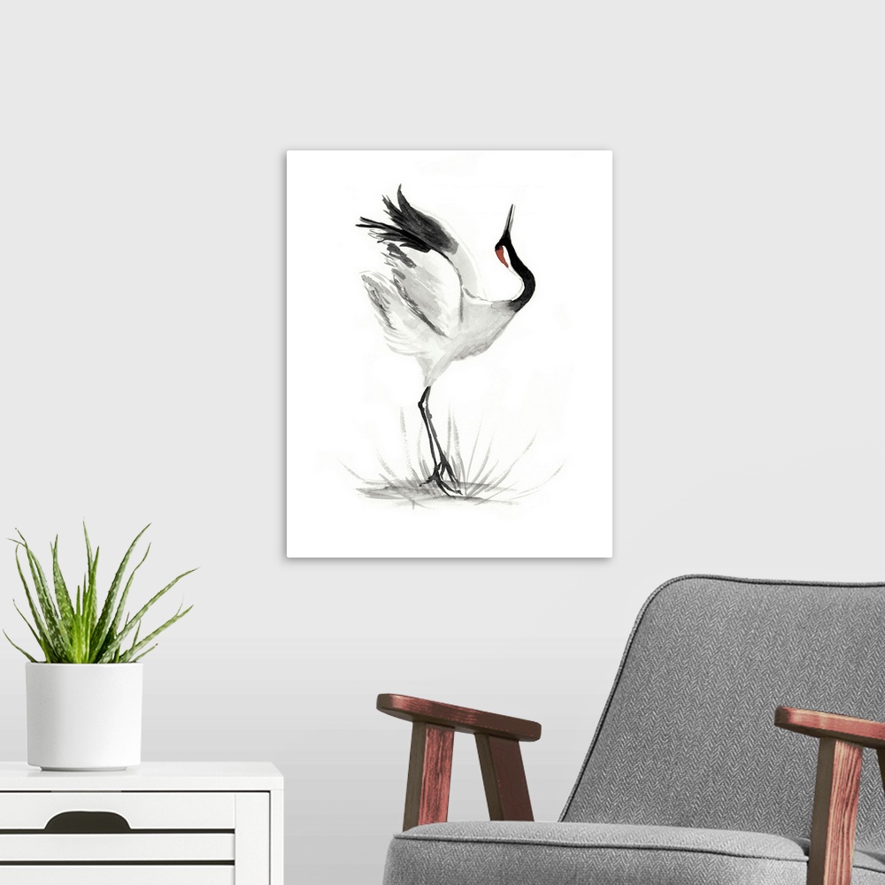 A modern room featuring Watercolor illustration of a red-crowned crane posing on white.