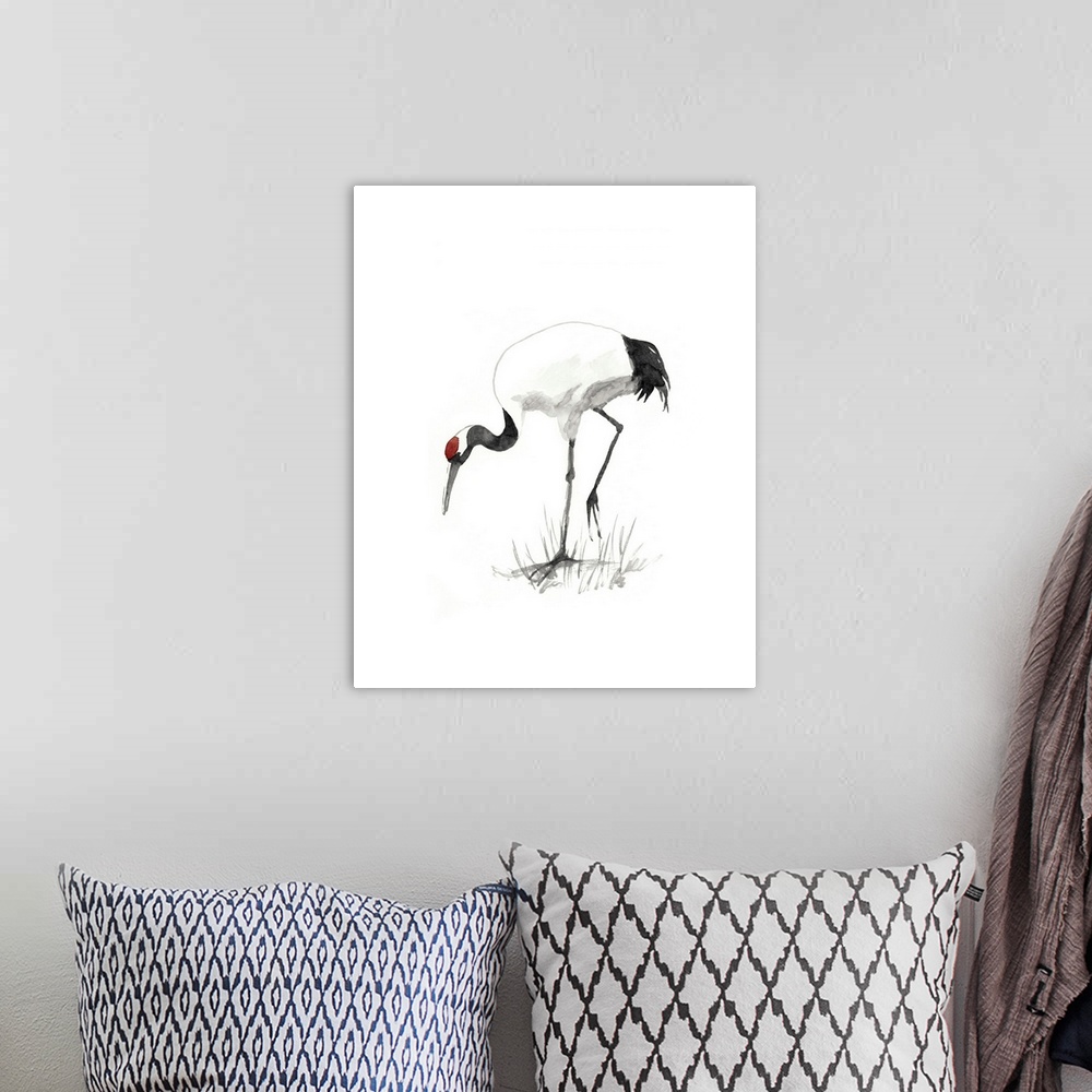 A bohemian room featuring Watercolor illustration of a red-crowned crane foraging on white.
