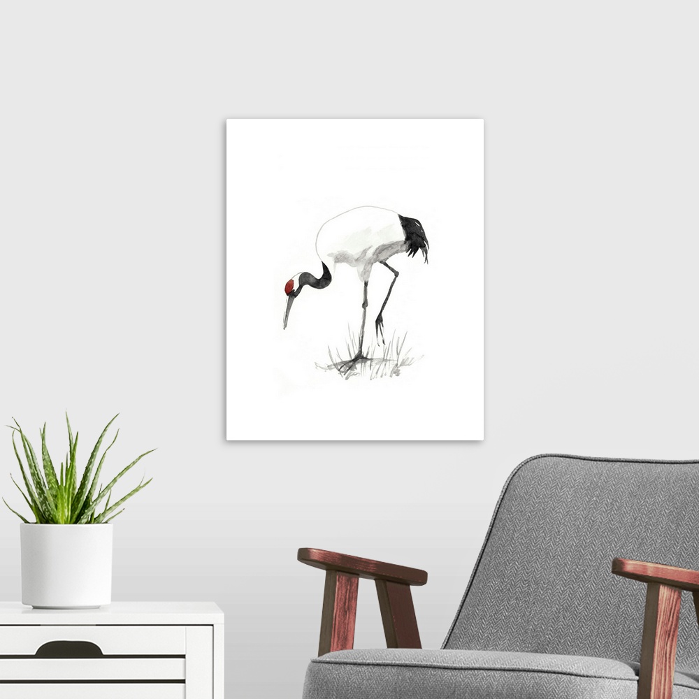 A modern room featuring Watercolor illustration of a red-crowned crane foraging on white.