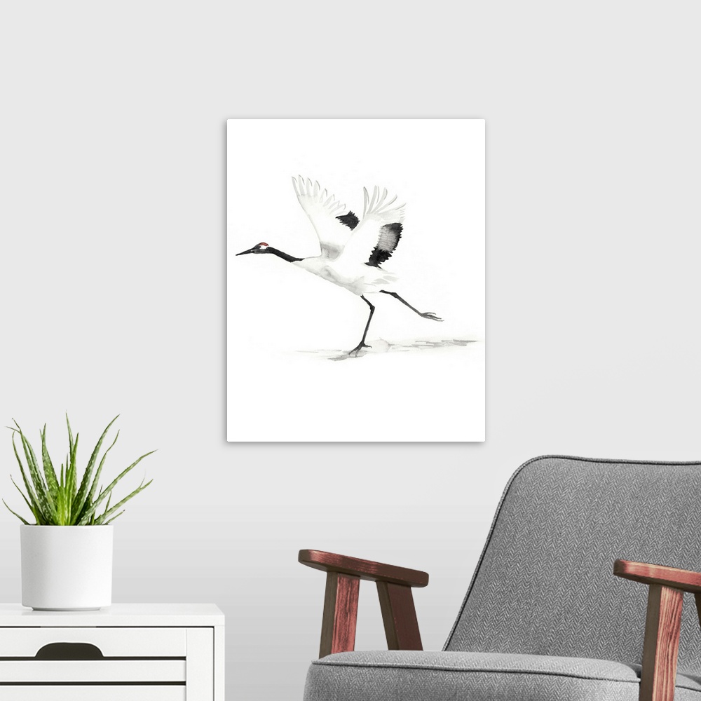 A modern room featuring Watercolor illustration of a red-crowned crane with wings outstretched on white.
