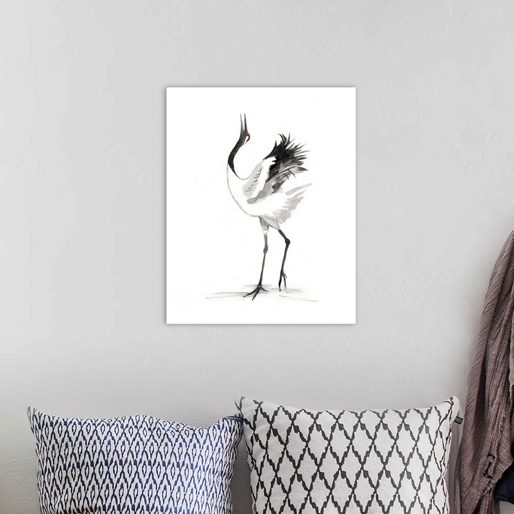 A bohemian room featuring Watercolor illustration of a red-crowned crane posing on white.