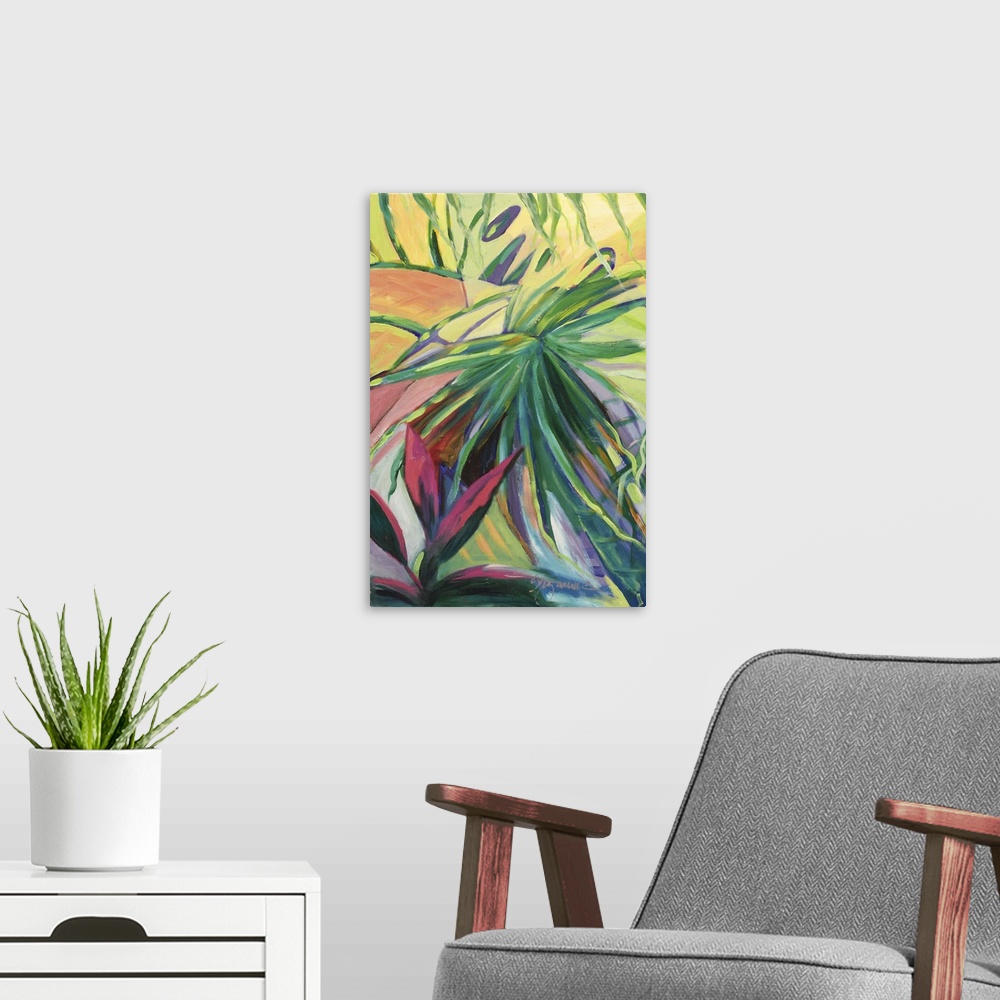 A modern room featuring Tropical painting of bright green palm leaves and red flowers.