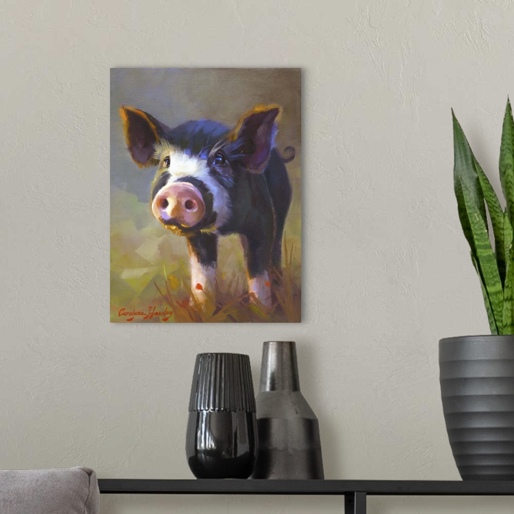 A modern room featuring Contemporary artwork of a cute black and white pig with a big pink nose.