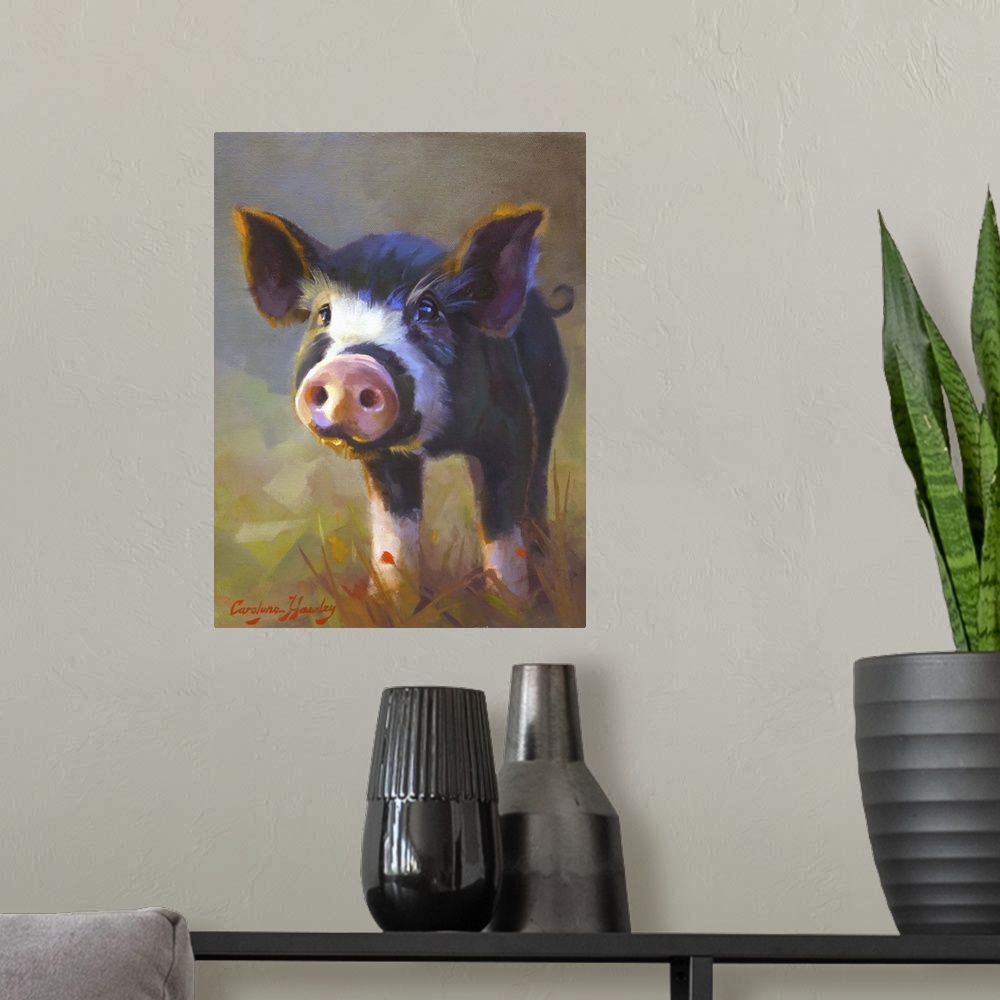 A modern room featuring Contemporary artwork of a cute black and white pig with a big pink nose.