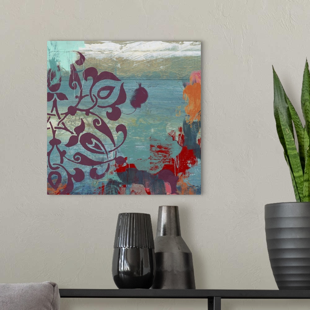 A modern room featuring Abstract painting using teal, aqua and green colors with red fragmented patterns.