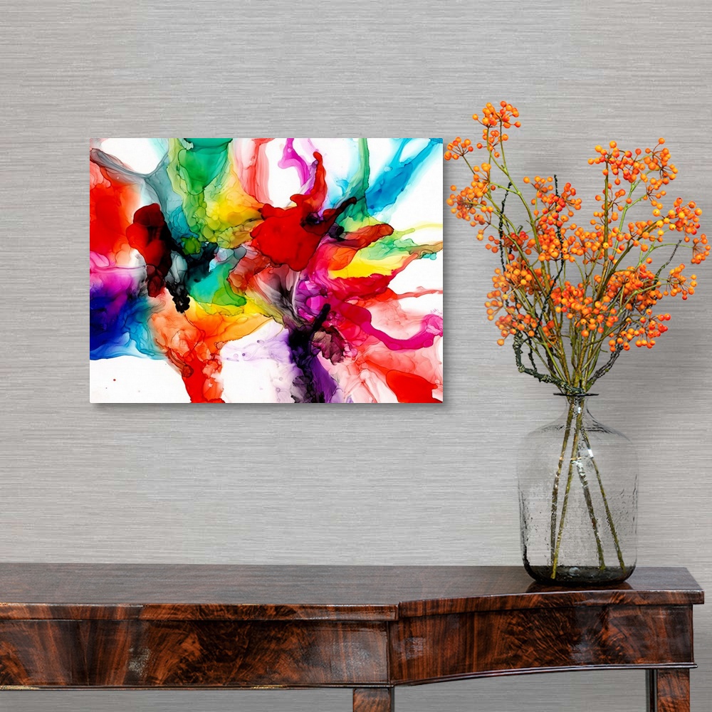 A traditional room featuring A punchy, bright, jewel-toned abstract created with an alcohol ink technique. Featuring every col...