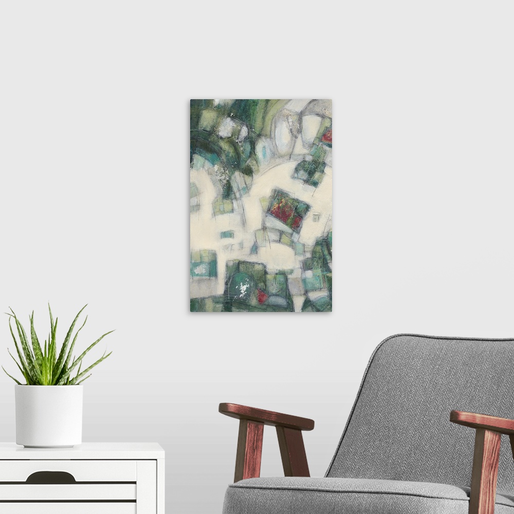 A modern room featuring Contemporary abstract art in shades of deep forest green, red, and beige.