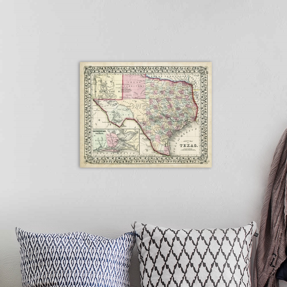 A bohemian room featuring Vintage map of the state of Texas.
