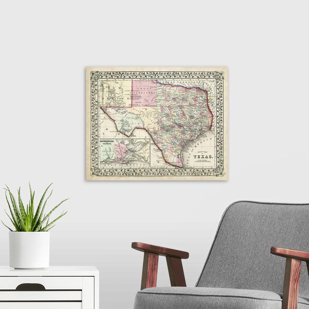 A modern room featuring Vintage map of the state of Texas.