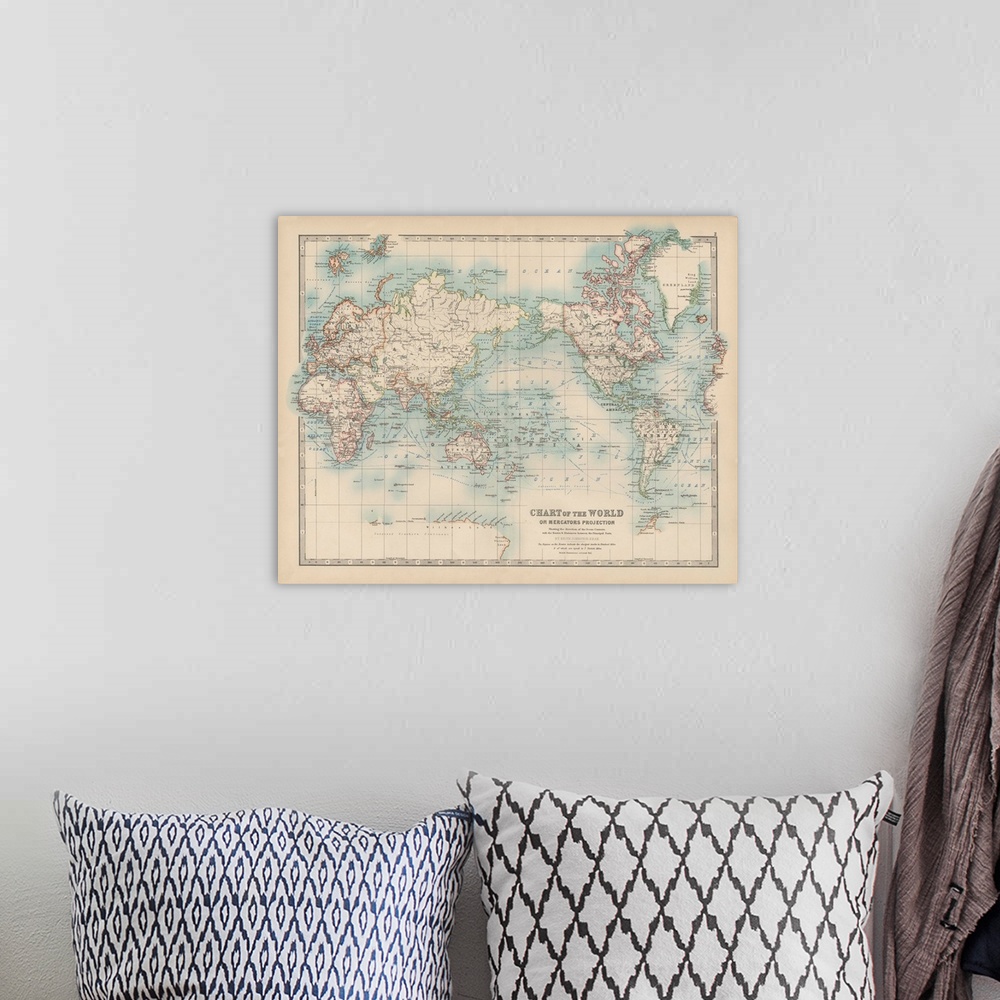 A bohemian room featuring Vintage map of the world on Mercators Projection.