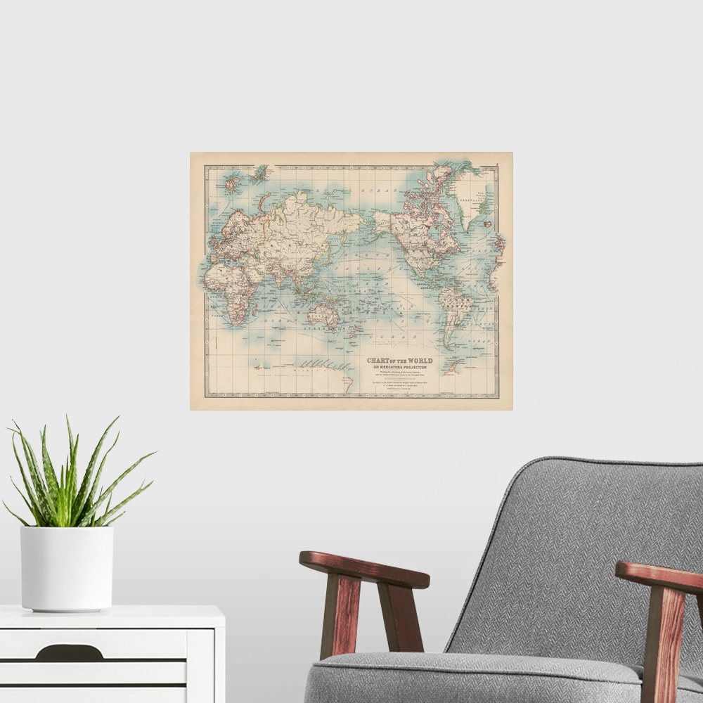 A modern room featuring Vintage map of the world on Mercators Projection.
