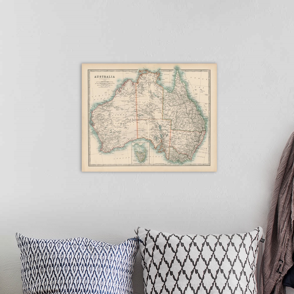 A bohemian room featuring Vintage map of the continent of Australia.