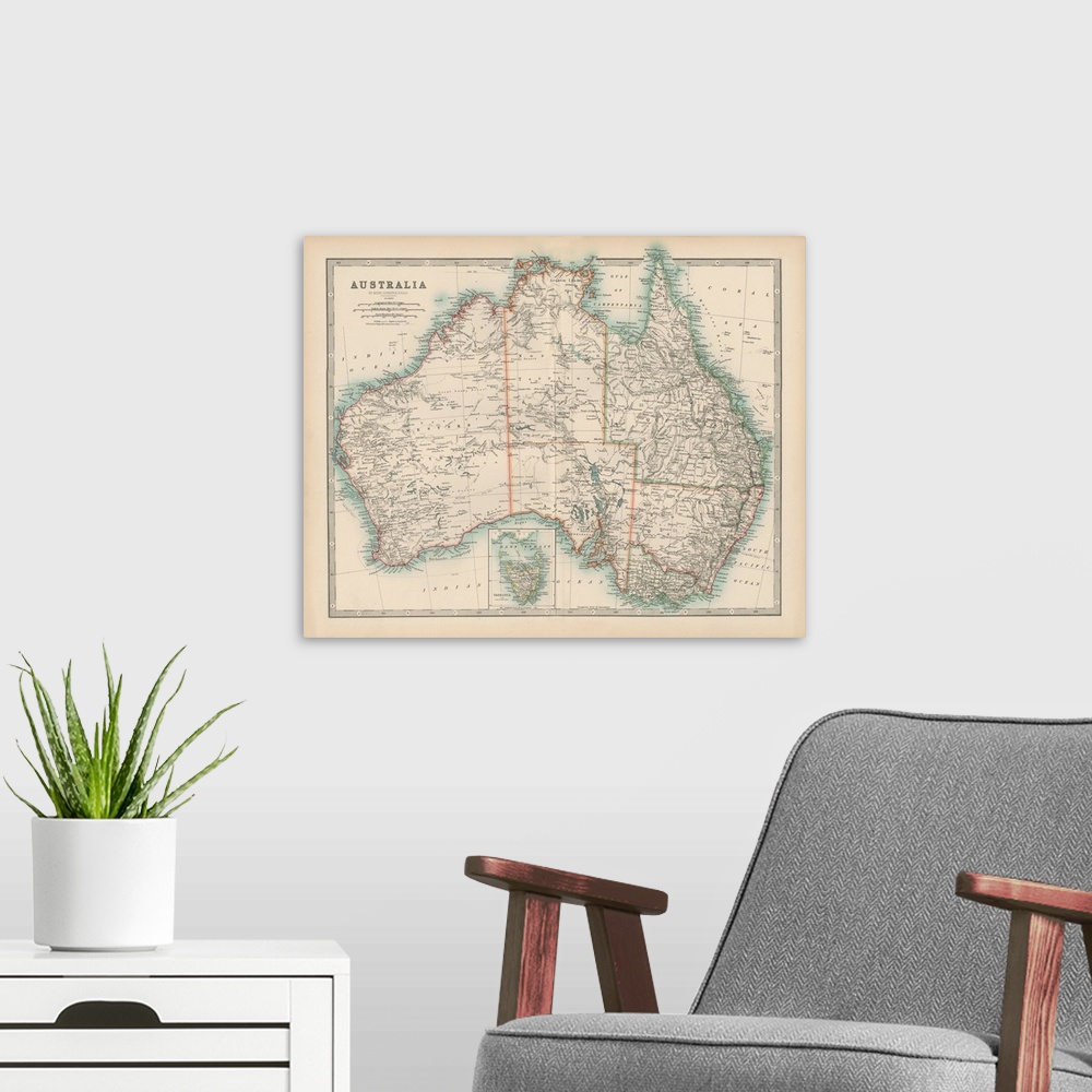 A modern room featuring Vintage map of the continent of Australia.