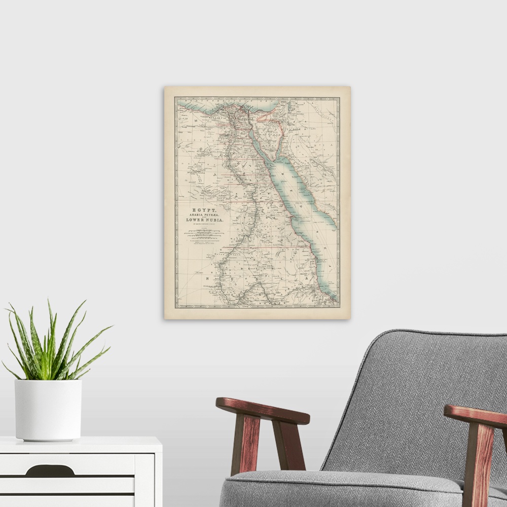 A modern room featuring Vintage map of the country of Egypt.