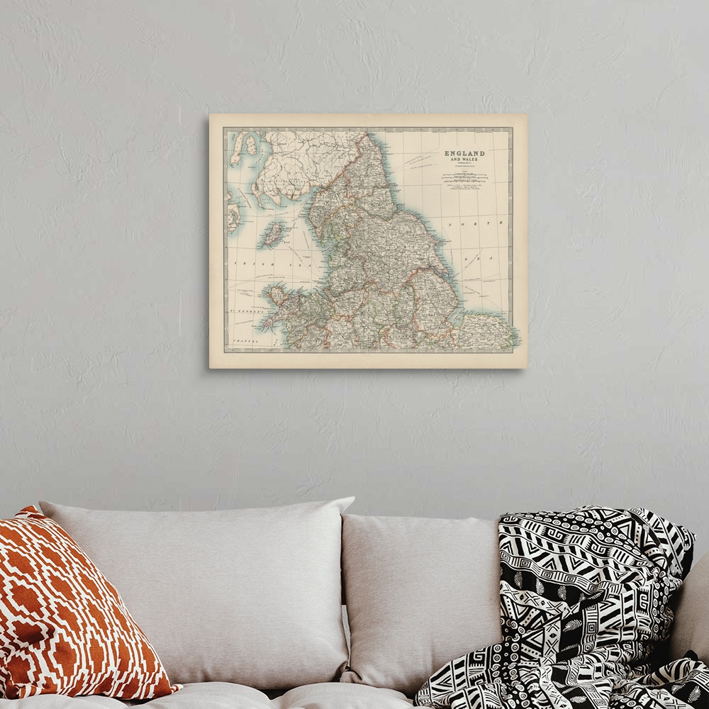 A bohemian room featuring Vintage map of the countries of England and Wales.