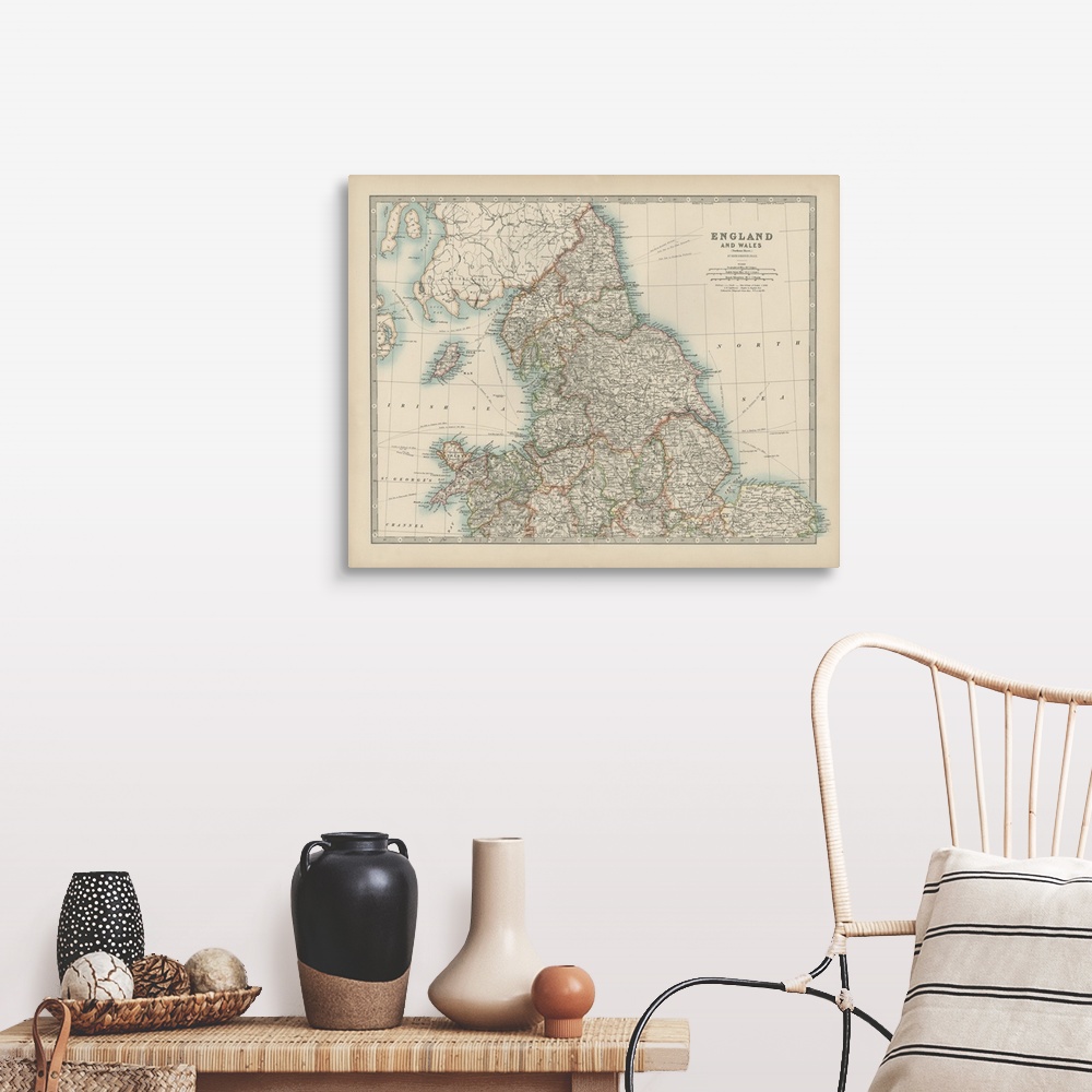 A farmhouse room featuring Vintage map of the countries of England and Wales.