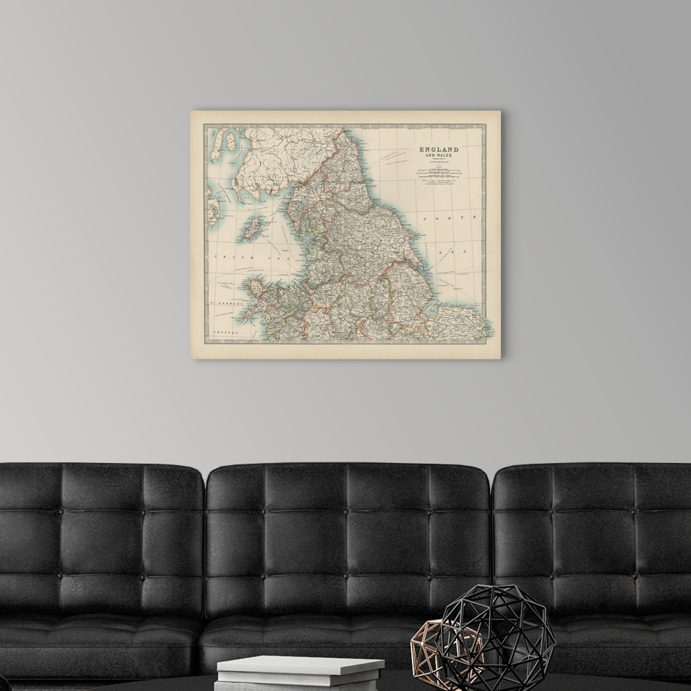 A modern room featuring Vintage map of the countries of England and Wales.