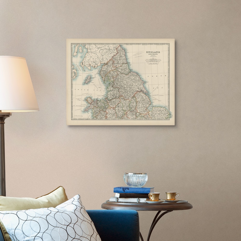 A traditional room featuring Vintage map of the countries of England and Wales.