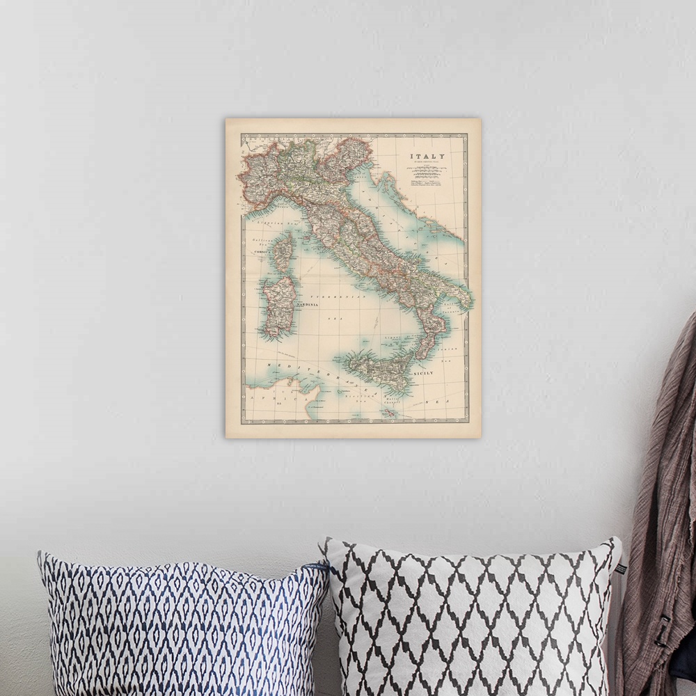 A bohemian room featuring Vintage map of the country of Italy.