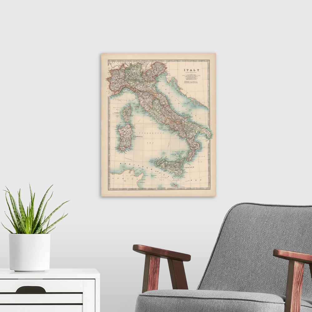 A modern room featuring Vintage map of the country of Italy.