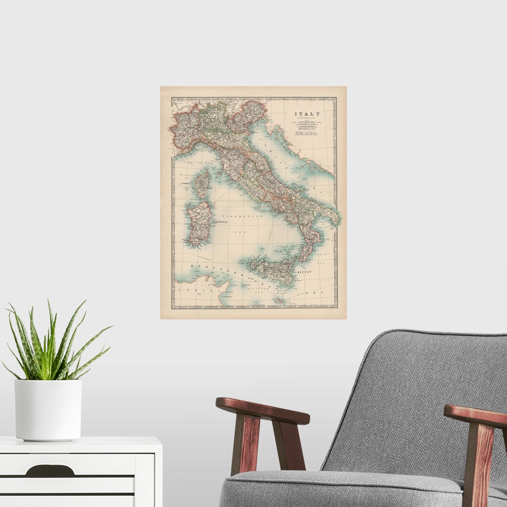 A modern room featuring Vintage map of the country of Italy.