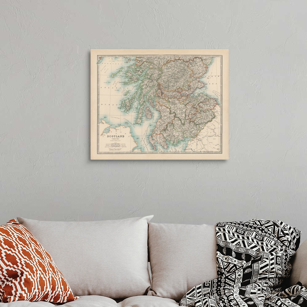 A bohemian room featuring Vintage map of the country of Scotland.