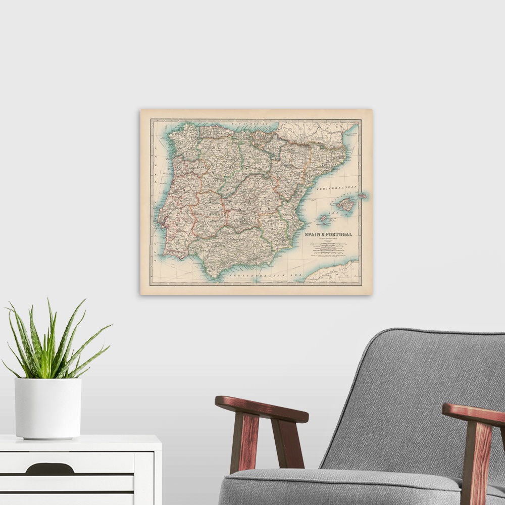 A modern room featuring Vintage map of the countries of Spain and Portugal.