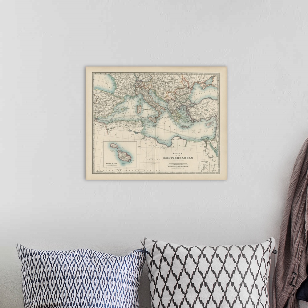 A bohemian room featuring Vintage map of the Mediterranean region.