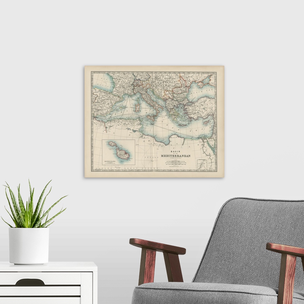 A modern room featuring Vintage map of the Mediterranean region.