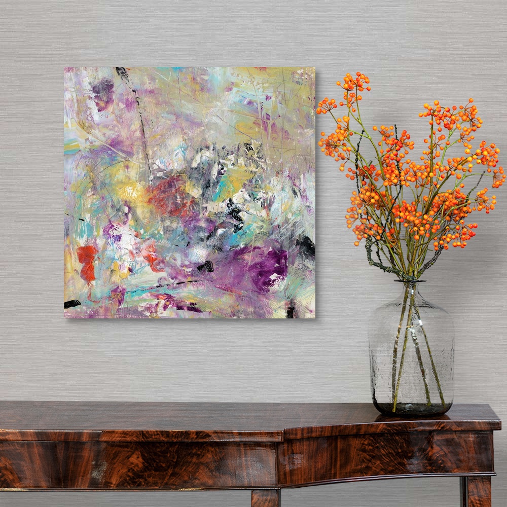 A traditional room featuring Contemporary abstract artwork in a frenzy of colors and textures, with scratches, brushstrokes, a...