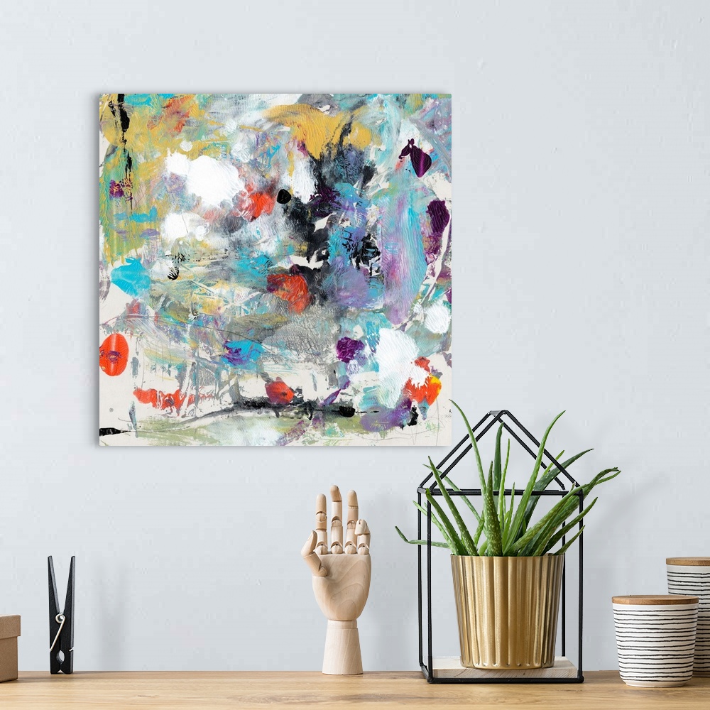 A bohemian room featuring Contemporary abstract artwork in a frenzy of colors and textures, with scratches, brushstrokes, a...