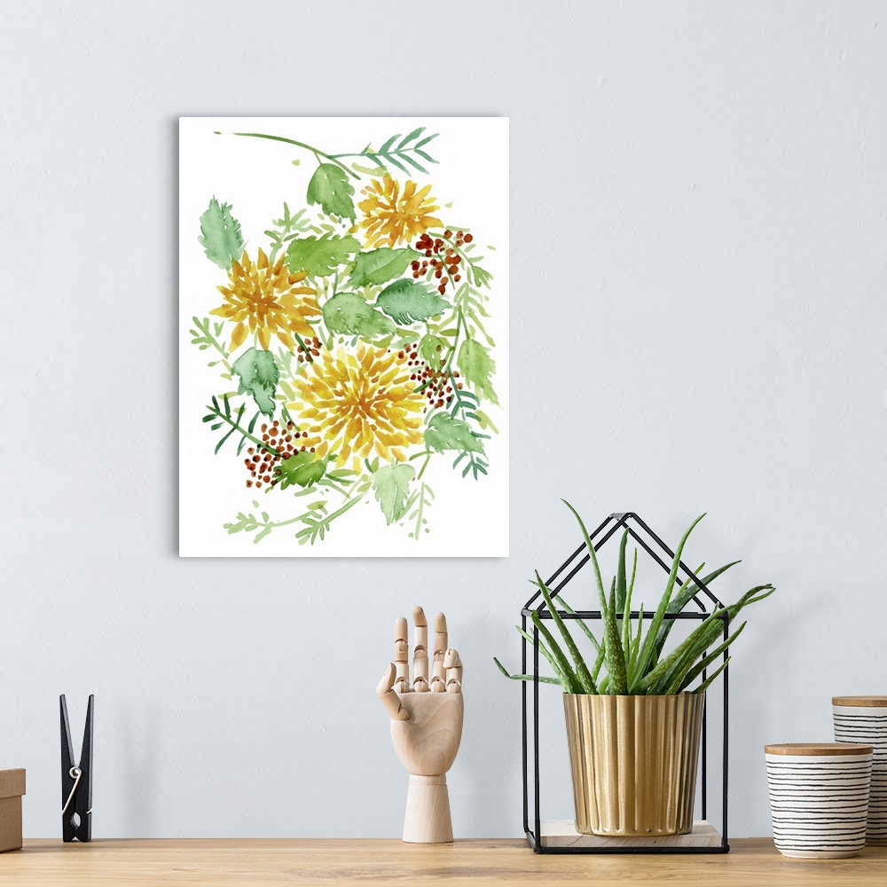 A bohemian room featuring Vertical watercolor painting of yellow flowers, red berries, and green leaves on a solid white ba...