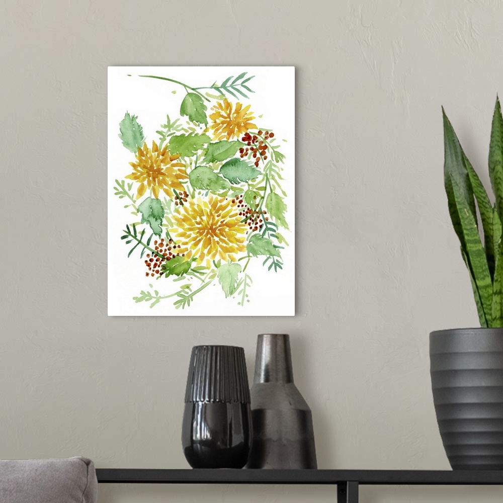 A modern room featuring Vertical watercolor painting of yellow flowers, red berries, and green leaves on a solid white ba...