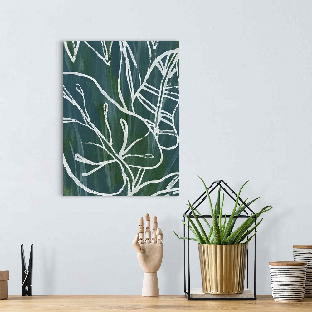 A bohemian room featuring Vertical contemporary artwork featuring tropical leaves in a white outline over a blue and green ...