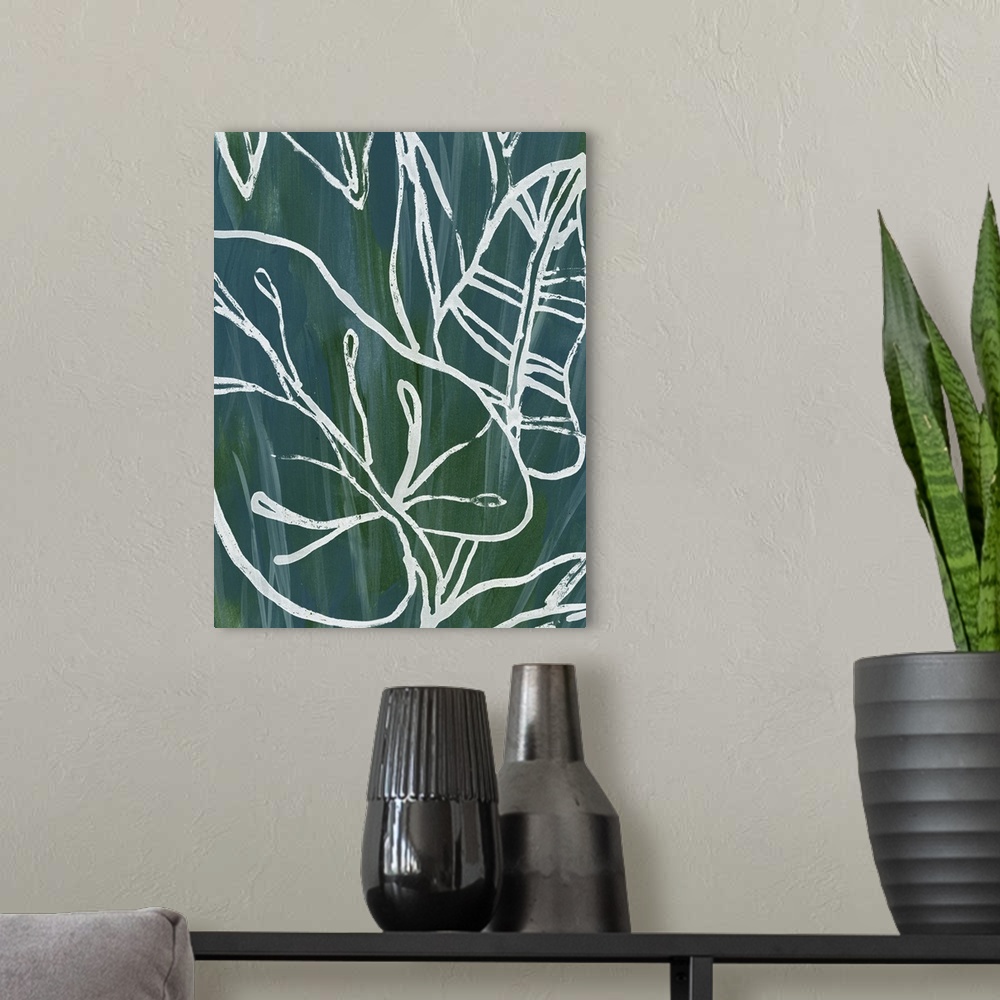 A modern room featuring Vertical contemporary artwork featuring tropical leaves in a white outline over a blue and green ...